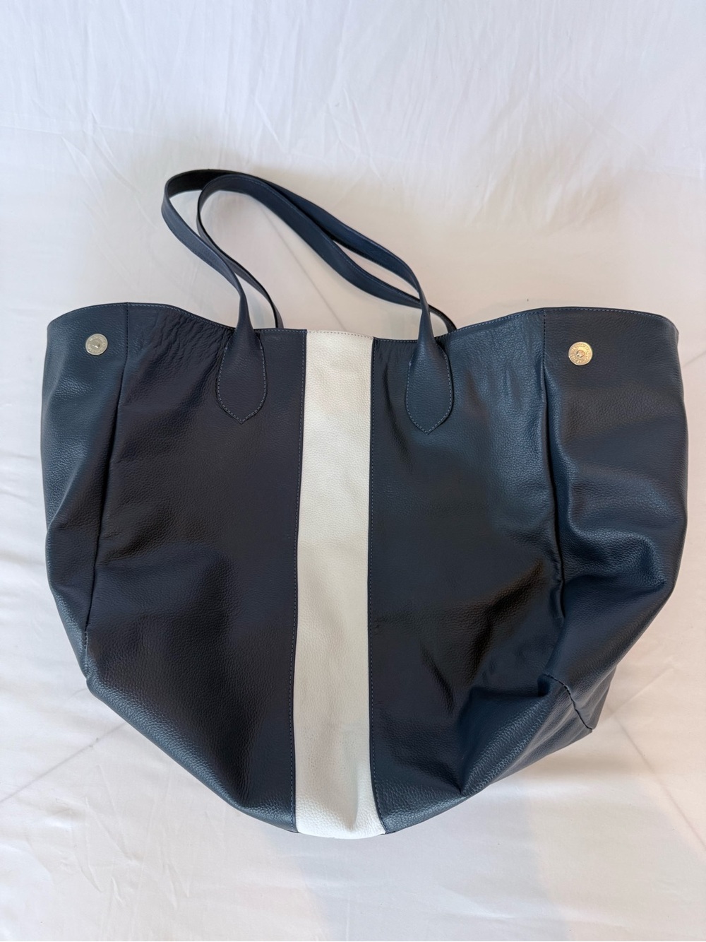 Classic Navy Tote with White Center Stripe - Women's 100%  Leather Shoulder Bag - Picture 13 of 16